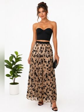 Floral Mesh Maxi Skirt in Beige and Black